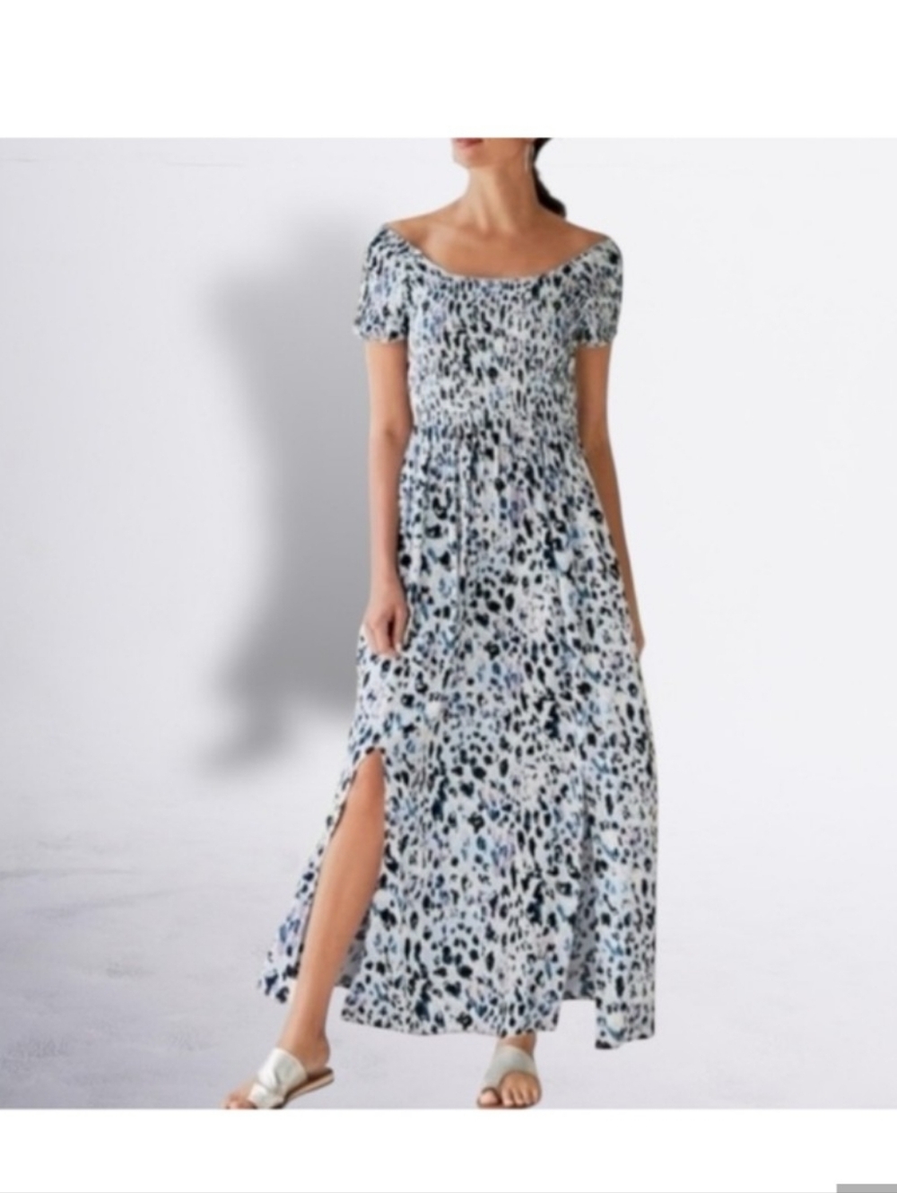 Soft Surroundings White, Blue and Black Off-Shoulder Maxi Dress